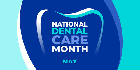 National dental care month. Vector web banner for social media, poster, card, flyer. Illustration with text, toofth logo on blue background.
