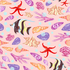 Seamless pattern with watercolor seashells, starfish and sea fish on a pastel pink background. 