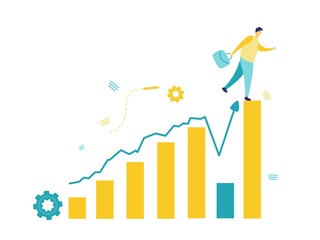 Flat illustration of a business concept, a businessman carrying a bag jumping on a large graphic on a white background. Vision and finance concept.