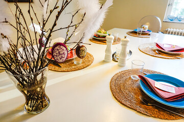 Stockholm, Sweden A table setting with easter eggs at Easter time.
