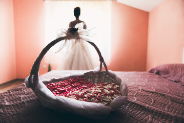wedding bouquet on the bed