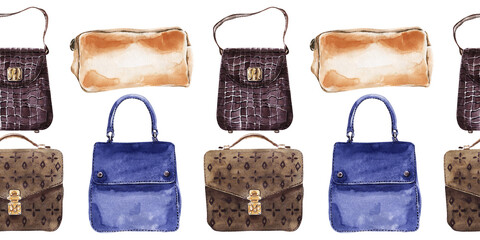 A set of watercolor seamless borders with various women's accessories, shoes and bags
