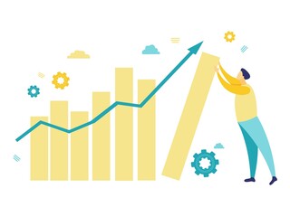Flat illustration of a businessman straightening a falling chart and blue arrow. Simple illustration in blue and yellow. Business and finance concepts.