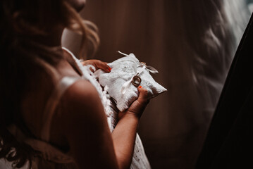 the bride holds a pillow with wedding rings