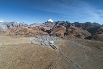 Aerial photo of Mount Kailash and its nearby towns