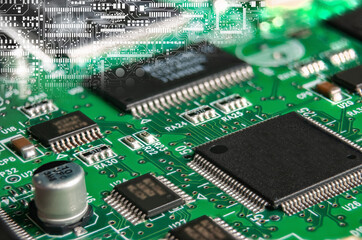printed circuit board with surface mounted passive and active circuit components close up