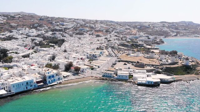 Aerial rotating view of Mykonos Windmills at summer.