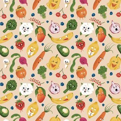 Hand drawn cute and funny vegetables and fruit pattern