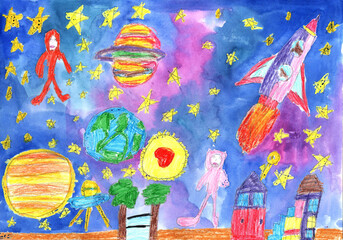 WatercoloWatercolor children drawing space planet rocketr children drawing space planet rocket