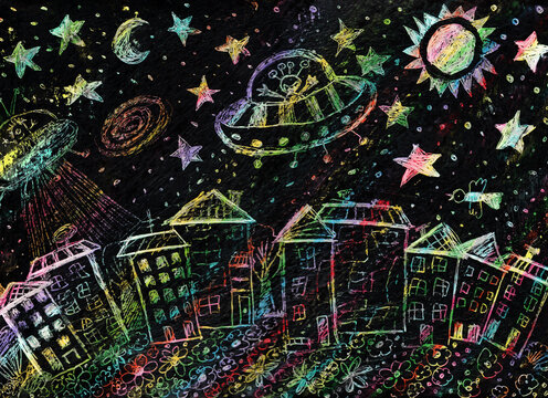 Grattage children drawing space planet rocket