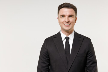 Young smiling caucasian successful employee business corporate lawyer man 20s wear classic formal black grey suit shirt tie work in office isolated on white background studio portrait. Career concept.