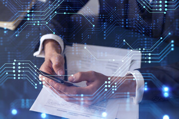 A client in formal wear reading the contract to create a software to present it at start up...