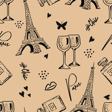 Romantic doodle seamless Paris  pattern . Hand drawn Cute vector pattern for girls, textiles, wrapping paper, fashion, and more. 