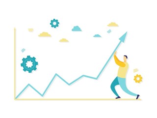 Flat illustration of young businessman supporting economic growth on business chart. Beautiful illustrations with blue and yellow. Business and finance concepts.