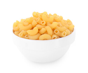 Macaroni in a glass cup on white background