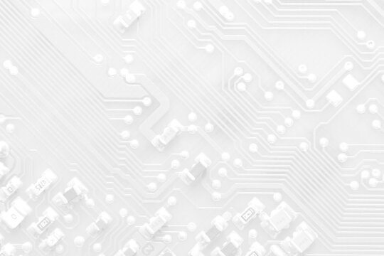 White texture background of printed circuit board. Computer technology background. Information tech. Space for text. Gray scale pcb background.