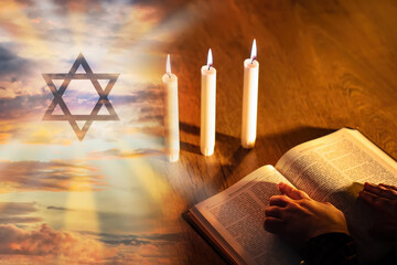 Study of Judaism concept. Jewish religion. Judaism logo next to bible. Reading Jewish writers....