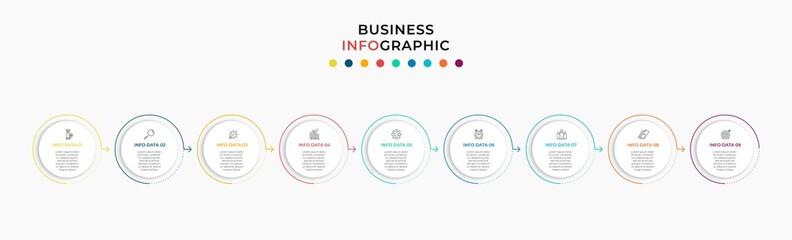 Vector Infographic design business template with icons and 9 options or steps. Can be used for process diagram, presentations, workflow layout, banner, flow chart, info graph