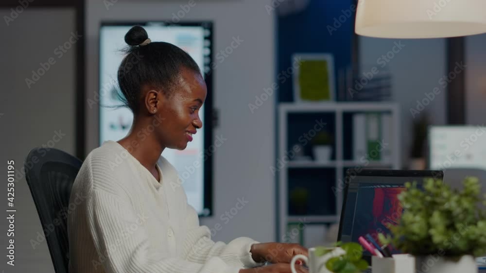 Poster black freelancer game developer typing on keyboard developing new level of videogame. african pro pl