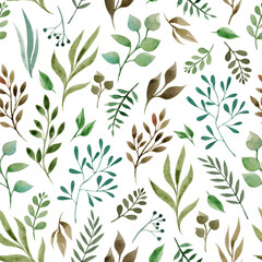 Naklejka na ściany i meble digital paper green leaves background seamless floral pattern simple doodle cute print for for textiles, wallpaper, wedding pictures and invitations hand painted watercolor illustration