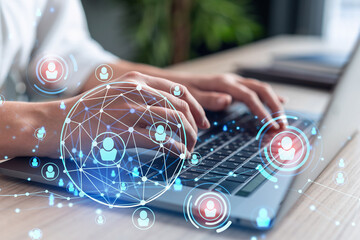 HR woman specialist is typing the keyboard in the internet to find the best candidates to create...