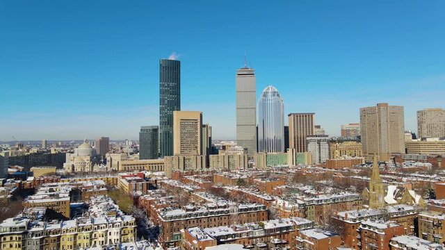 Boston Back Bay skyline aerial view including Prudential Center and One Dalton Boston Building in winter, Boston, Massachusetts MA, USA. 