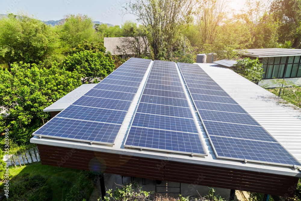 Wall mural solar photovoltaic panels on roof house.