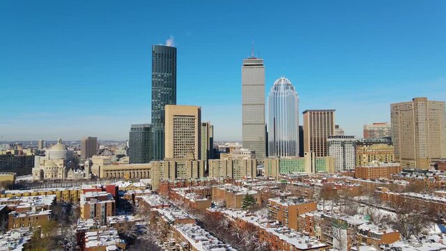 Boston Back Bay skyline aerial view including Prudential Center and One Dalton Boston Building in winter, Boston, Massachusetts MA, USA. 