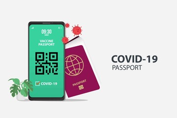 vaccination passport and smartphone with vaccine mobile app. Free travel after pandemic. Covid-19 vaccination requirement. Electronic health passport QR code. Immune document in the airport