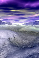 Foto auf Acrylglas Pantone 2022 very peri Außerirdischer Planet. Berg und See. 3D-Rendering