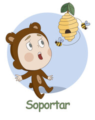 child dressed as a bear and beehives with bees. Illustration as part of the alphabet. Contains the inscription "bear" in Spanish