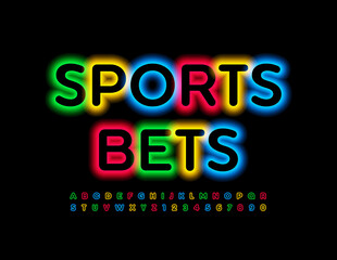 Vector neon sign Sports Bets. Colorful glow Font. Illuminated Bright Alphabet Letters and Numbers set