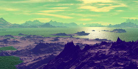 Alien Planet. Mountain and lake. 3D rendering