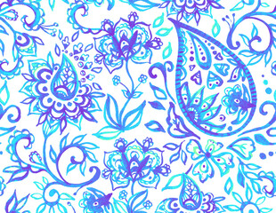 Paisley watercolor floral pattern tile: flowers, flores, tulips, leaves. Oriental indian traditional hand painted water color whimsical seamless print, ceramic design. Abstract india batik background