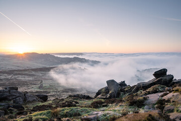 Springtime sunrise cloud inversion, and mist at The Roaches, Staffordshire