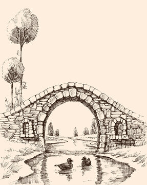 Old stone bridge over river vector illustration