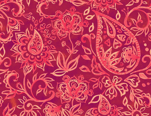 Paisley watercolor floral pattern tile: flowers, flores, tulips, leaves. Oriental indian traditional hand painted water color whimsical seamless print, ceramic design. Abstract india batik background