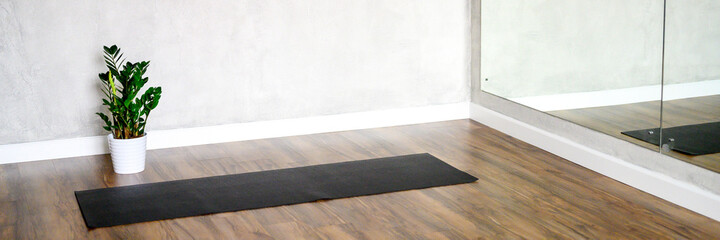 the interior of the studio room for yoga and stretching, a rubber mat and a green plant zamioculcas...