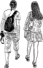 Freehand drawing of couple young people walking outdoors on summer day