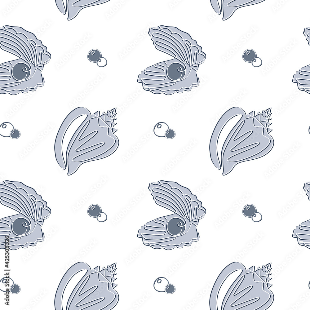 Poster Seashell Seamless Pattern in one line drawing. Hand drawn vector nautical ocean background with sea shells and pearl. Perfect for textiles, wallpaper and prints