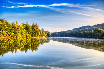 View at lake Dreiburgensee near Tittling, bavarian forest, after sunrise