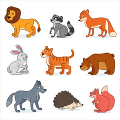 Mammal characters design collection. Cartoon wild animals set. Lion, raccoon, fox, rabbit, tiger, bear, wolf, hedgehog, squirrel.