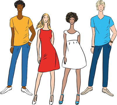 Vector image of group young slim people in summer clothing