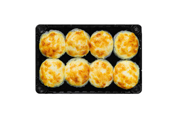 japanese food, baked rolls with cheese cap in black box isolated on white background
