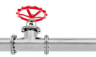 3D render glossy metal pipe with red valve isolated on a white background.Illustration of a digital image for industrial.