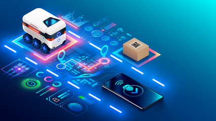 Autonomous robot on wheels delivers purchases home. The automatic drone rover route on city map to buyer. Automated courier delivery service for purchases. Tracking order delivery on mobile phone.