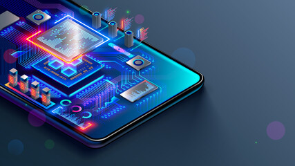 CPU of phone. Microchip, smd electronic components of mobile device on circuit board or motherboard. Digital Processor, parts of repair smartphone. Engineering and develop electronic microcontroller.