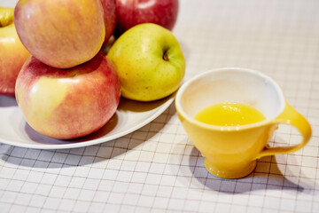 Morning vegan food. Apples and orange juice