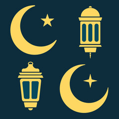 Ramadan lantern, moon and stars in black and white.