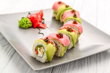 Dragon roll sushi, tuna, salmon, fish roe,